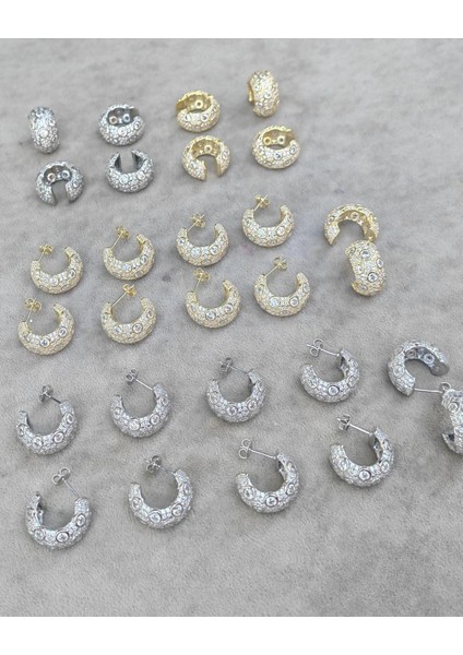 Zarif Beyaz Taşlı Kalın Gümüş Halka Küpe indirimleri