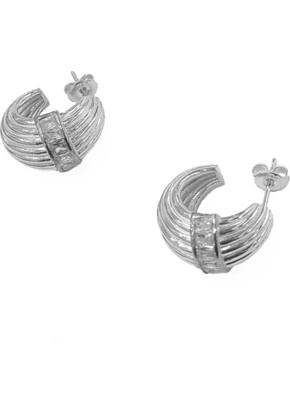 Yarım Ay Desenli Gümüş Küpe, Baget Taşlarla - Rodyum Renk