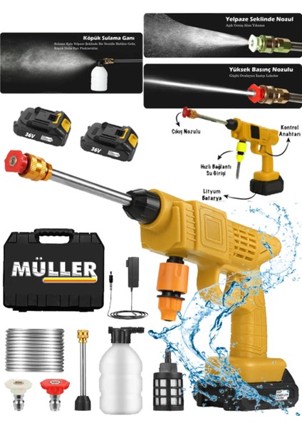 Alman 24 V Kömürsüz Motor Hava Soğutmalı Yüksek Basınçlı Çift Akülü Oto Araba Yıkama Makinesi