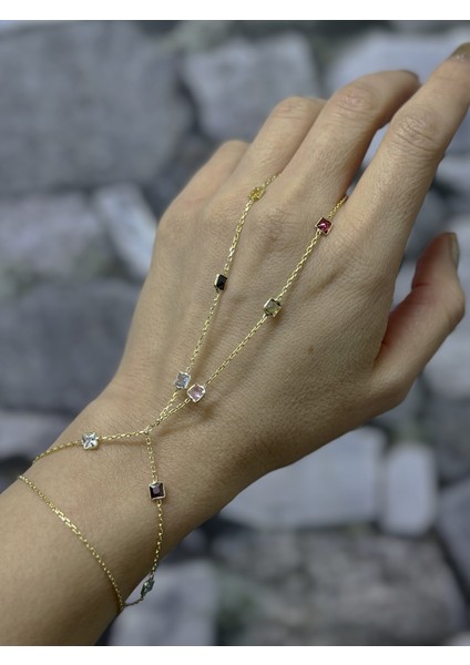 Zarif ve Göz Alıcı Renkli Taşlı Gümüş Şahmeran Bileklik - Gold Renk