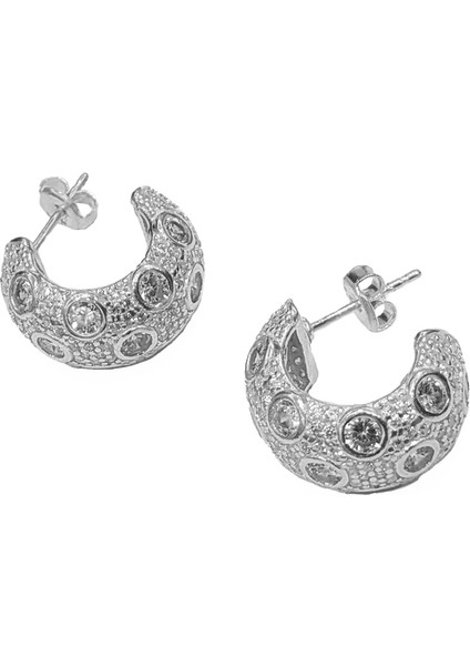 Zarif Beyaz Taşlı Kalın Gümüş Halka Küpe - Gold Renk fiyatları