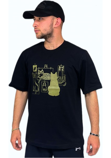 Unisex Siyah Pamuklu Kedi Baskılı Oversize T-Shirt