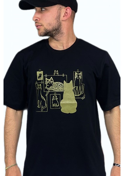 Unisex Siyah Pamuklu Kedi Baskılı Oversize T-Shirt fiyatları