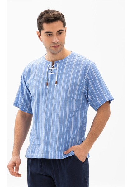 Büyük Beden Kısa Kol Şile Bezi Zımbalı Erkek Tshirt Mavi Beyaz Çizgili