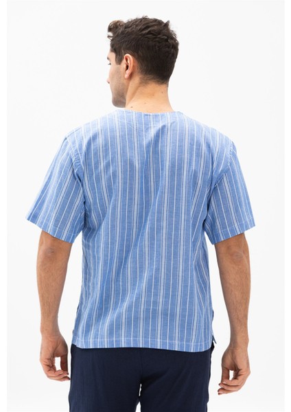 Büyük Beden Kısa Kol Şile Bezi Zımbalı Erkek Tshirt Mavi Beyaz Çizgili fiyatları