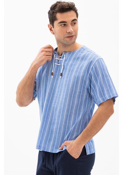 Büyük Beden Kısa Kol Şile Bezi Zımbalı Erkek Tshirt Mavi Beyaz Çizgili modelleri