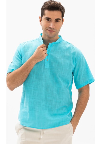 Kısa Kol Şile Bezi Bodrum Erkek T-Shirt Açık Turkuaz