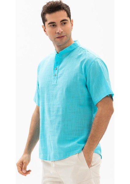Kısa Kol Şile Bezi Bodrum Erkek T-Shirt Açık Turkuaz modelleri