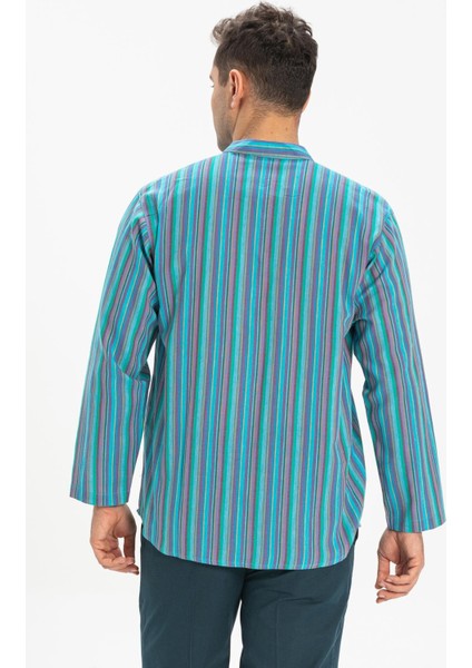 Uzun Kol Şile Bezi Tek Cepli Hakim Yaka Erkek Tshirt Turkuaz Çizgili 3071