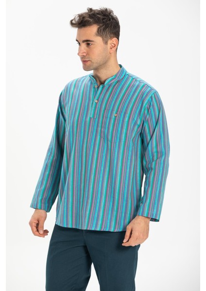 Uzun Kol Şile Bezi Tek Cepli Hakim Yaka Erkek Tshirt Turkuaz Çizgili 3071