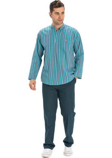 Uzun Kol Şile Bezi Tek Cepli Hakim Yaka Erkek Tshirt Turkuaz Çizgili 3071