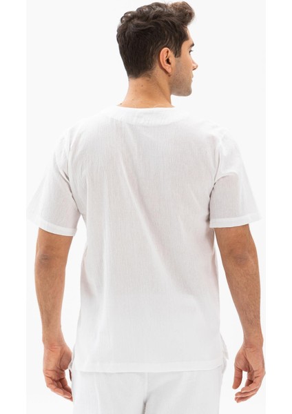 Kısa Kol Şile Bezi Bisiklet Yaka Etnik Erkek Yazlık T-shirt Beyaz Byz