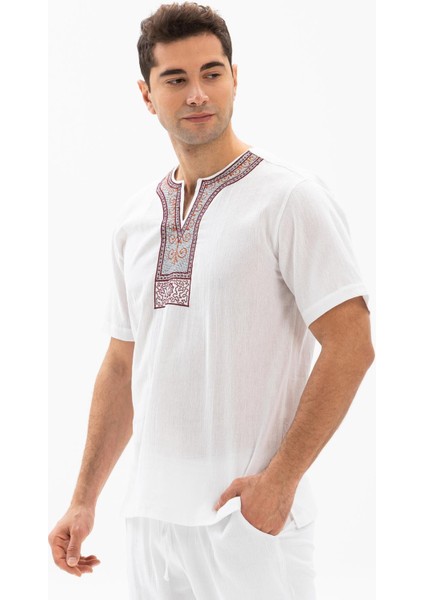 Kısa Kol Şile Bezi Bisiklet Yaka Etnik Erkek Yazlık T-shirt Beyaz Byz