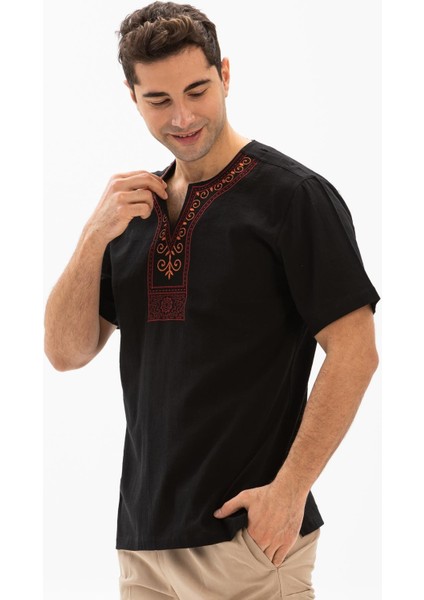Kısa Kol Şile Bezi Bisiklet Yaka Etnik Erkek Yazlık T-shirt Siyah Syh