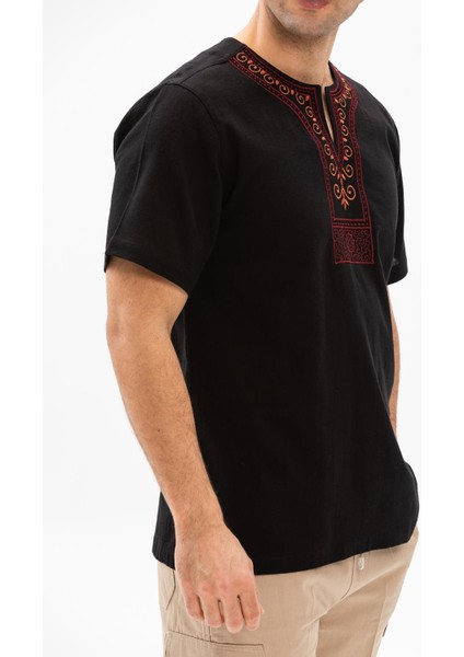 Kısa Kol Şile Bezi Bisiklet Yaka Etnik Erkek Yazlık T-shirt Siyah Syh
