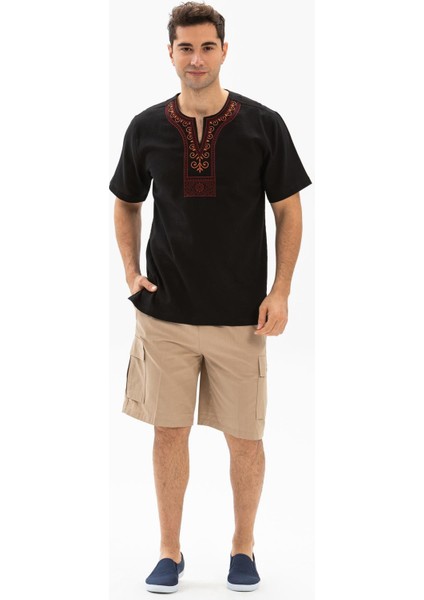 Kısa Kol Şile Bezi Bisiklet Yaka Etnik Erkek Yazlık T-shirt Siyah Syh