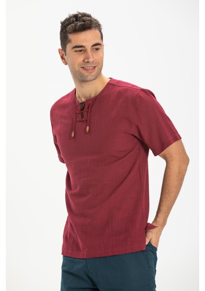 Kısa Kol Şile Bezi Zımbalı Erkek Tshirt Koyu Bordo 3068