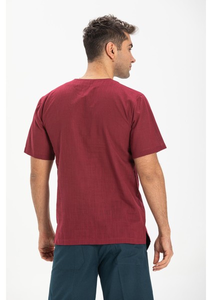 Kısa Kol Şile Bezi Zımbalı Erkek Tshirt Koyu Bordo 3068