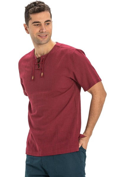 Kısa Kol Şile Bezi Zımbalı Erkek Tshirt Koyu Bordo 3068