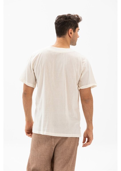 Kısa Kol Şile Bezi Bisiklet Yaka Etnik Erkek Yazlık T-shirt Krem Krm