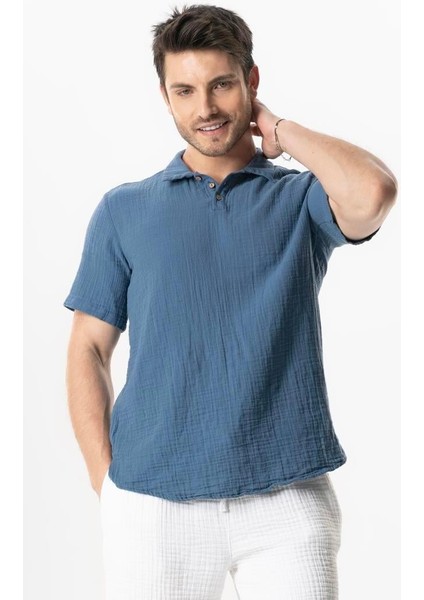 Kısa Kol Polo Yaka Müslin Yazlık Tshirt Indigo Indg