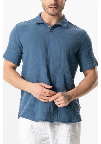 Kısa Kol Polo Yaka Müslin Yazlık Tshirt Indigo Indg
