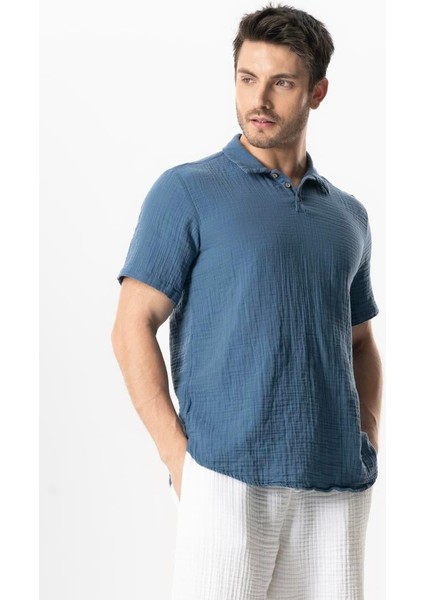Kısa Kol Polo Yaka Müslin Yazlık Tshirt Indigo Indg