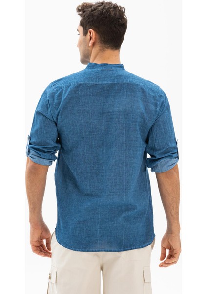 Uzun Kol Şile Bezi Bodrum Erkek T-Shirt Kot Mavi