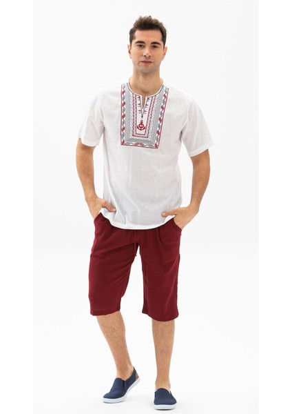 Kısa Kol Şile Bezi Bisiklet Yaka Bahriyeli Erkek Yazlık T-shirt Beyaz Byz