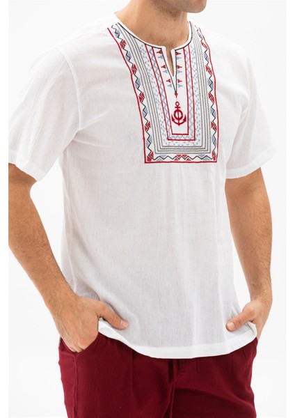 Kısa Kol Şile Bezi Bisiklet Yaka Bahriyeli Erkek Yazlık T-shirt Beyaz Byz