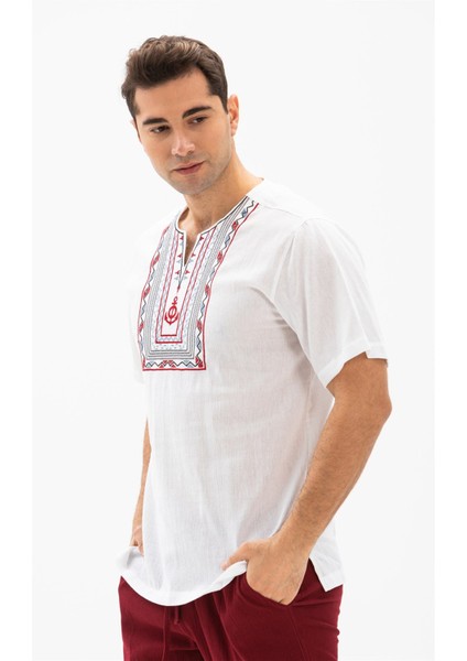 Kısa Kol Şile Bezi Bisiklet Yaka Bahriyeli Erkek Yazlık T-shirt Beyaz Byz