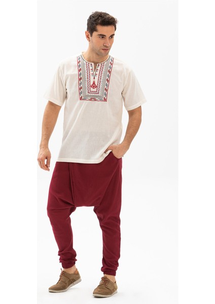Kısa Kol Şile Bezi Bisiklet Yaka Bahriyeli Erkek Yazlık T-shirt Krem Krm