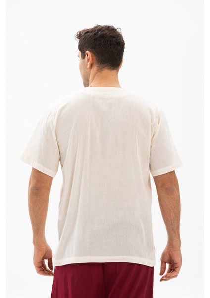 Kısa Kol Şile Bezi Bisiklet Yaka Bahriyeli Erkek Yazlık T-shirt Krem Krm