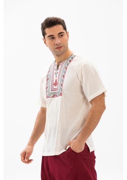 Kısa Kol Şile Bezi Bisiklet Yaka Bahriyeli Erkek Yazlık T-shirt Krem Krm