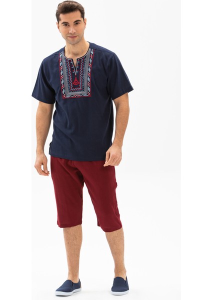 Kısa Kol Şile Bezi Bisiklet Yaka Bahriyeli Erkek Yazlık T-shirt Lacivert Lcvt