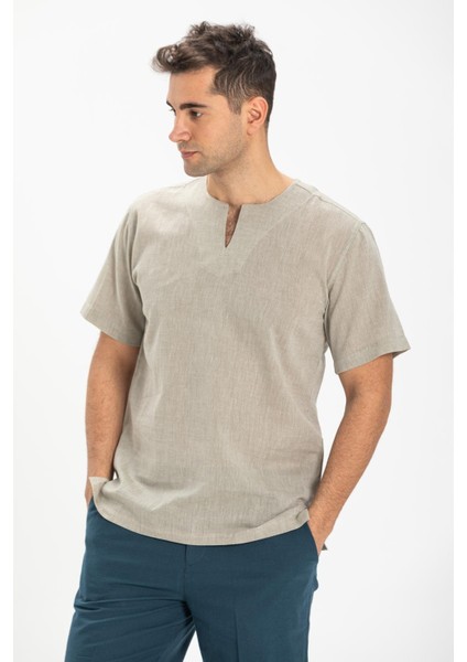 Büyük Beden Kısa Kol Şile Bezi Bisiklet Yaka Erkek Yazlık Tshirt Taş 3031