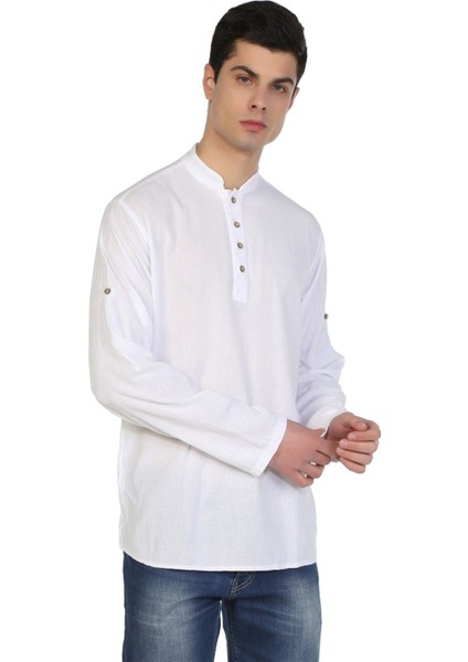 Uzun Kol Şile Bezi Bodrum Erkek T-Shirt Beyaz