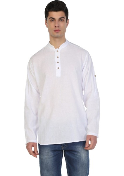 Uzun Kol Şile Bezi Bodrum Erkek T-Shirt Beyaz