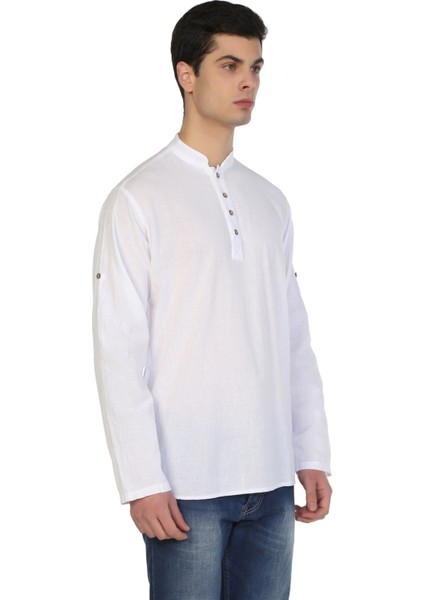 Uzun Kol Şile Bezi Bodrum Erkek T-Shirt Beyaz