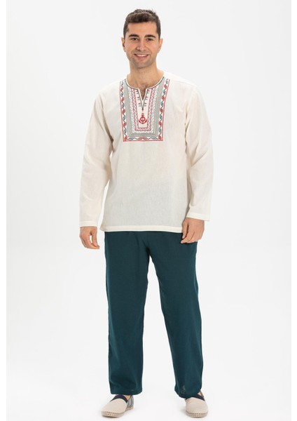 Uzun Kol Şile Bezi Bisiklet Yaka Bahriyeli Erkek T-Shirt Krem 3002