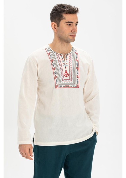 Uzun Kol Şile Bezi Bisiklet Yaka Bahriyeli Erkek T-Shirt Krem 3002
