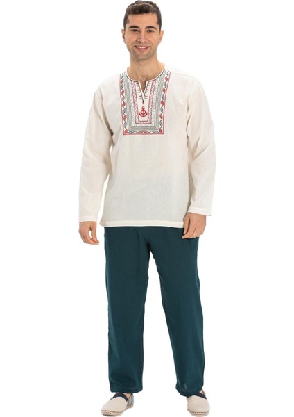 Uzun Kol Şile Bezi Bisiklet Yaka Bahriyeli Erkek T-Shirt Krem 3002