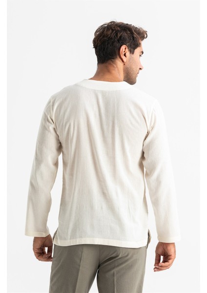 Uzun Kol Şile Bezi Bisiklet Yaka Etnik Erkek T-Shirt Krem Krm