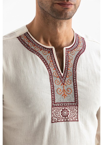 Uzun Kol Şile Bezi Bisiklet Yaka Etnik Erkek T-Shirt Krem Krm