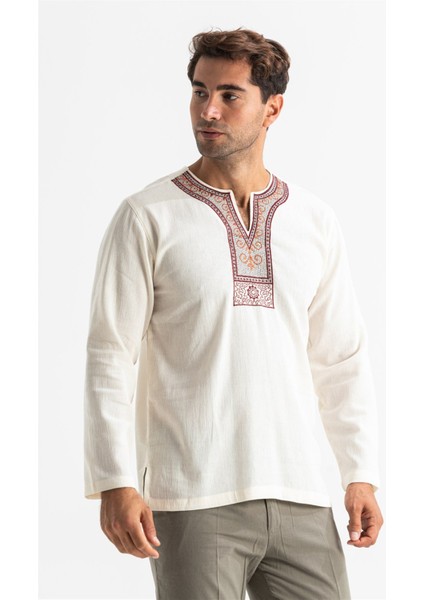 Uzun Kol Şile Bezi Bisiklet Yaka Etnik Erkek T-Shirt Krem Krm