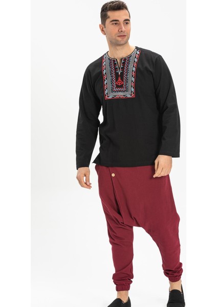 Uzun Kol Şile Bezi Bisiklet Yaka Bahriyeli Erkek T-Shirt Siyah 3003