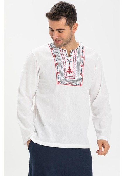 Uzun Kol Şile Bezi Bisiklet Yaka Bahriyeli Erkek T-Shirt Beyaz 3001