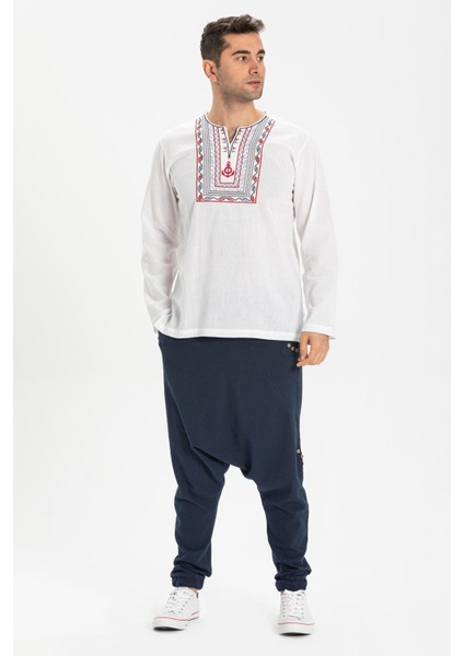 Uzun Kol Şile Bezi Bisiklet Yaka Bahriyeli Erkek T-Shirt Beyaz 3001