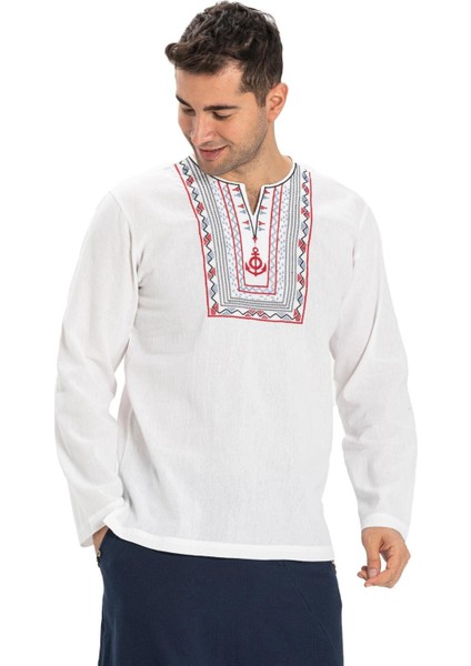 Uzun Kol Şile Bezi Bisiklet Yaka Bahriyeli Erkek T-Shirt Beyaz 3001