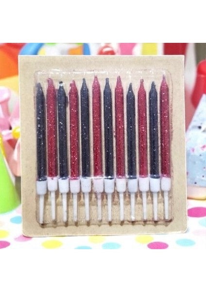 Doğum Günü Pasta Mumu Kırmızı Siyah 12 Adet Simli Mum 10 cm Kutlama Mumu